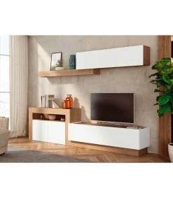 Composición de salón Max blanco y bambú. 260 cm de ancho. Se sirve montado.