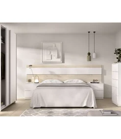 Conjunto cabecero, armario 2 puertas correderas y dos mesitas Lisa acabado natural/blanco.