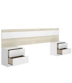 Conjunto cabecero, armario 2 puertas correderas y dos mesitas Lisa acabado natural/blanco.