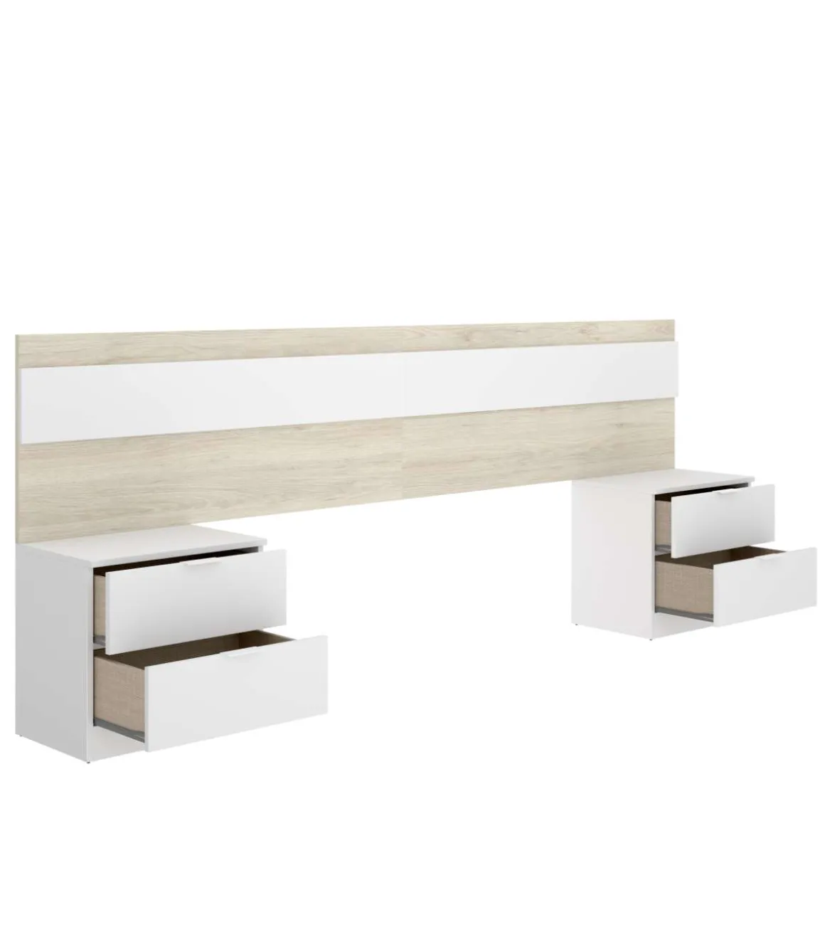 Conjunto cabecero, armario 2 puertas correderas y dos mesitas Lisa acabado natural/blanco.