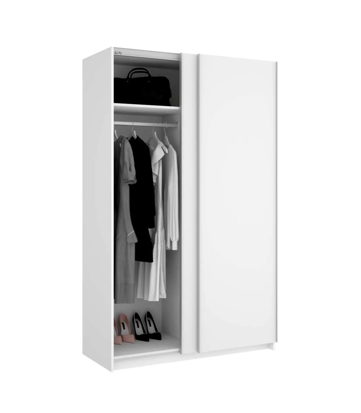 Conjunto cabecero, armario 2 puertas correderas y dos mesitas Lisa acabado natural/blanco.