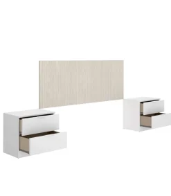 Conjunto cabecero y dos mesitas Lula acabado alistonado natural/blanco.