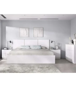 Conjunto cama matrimonio, cómoda y dos mesitas Tamara acabado blanco.