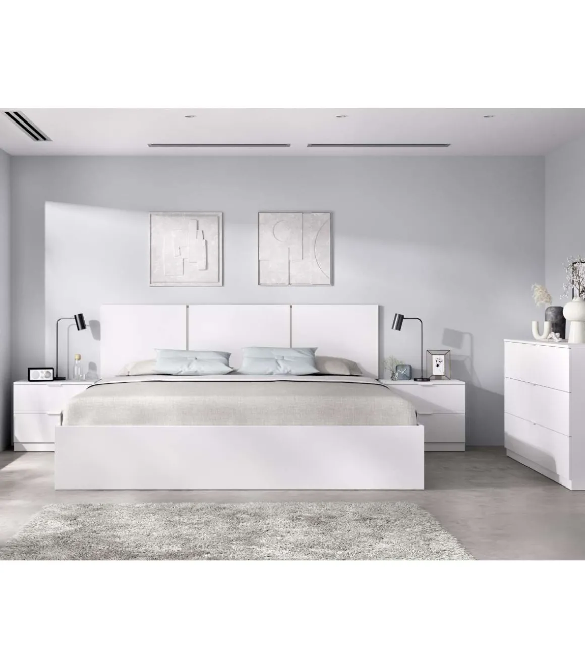 Conjunto cama matrimonio, cómoda y dos mesitas Tamara acabado blanco.