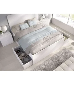 Conjunto cama matrimonio con cajones y dos mesitas Rocio acabado blanco.