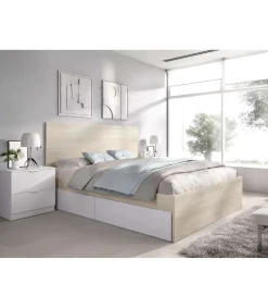 Conjunto cama matrimonio con cajones y dos mesitas Rocio acabado natural-blanco.
