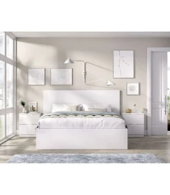 Conjunto cama matrimonio y dos mesitas Rocio acabado blanco.