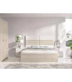 Conjunto cama matrimonio y dos mesitas Lisa acabado natural/blanco.