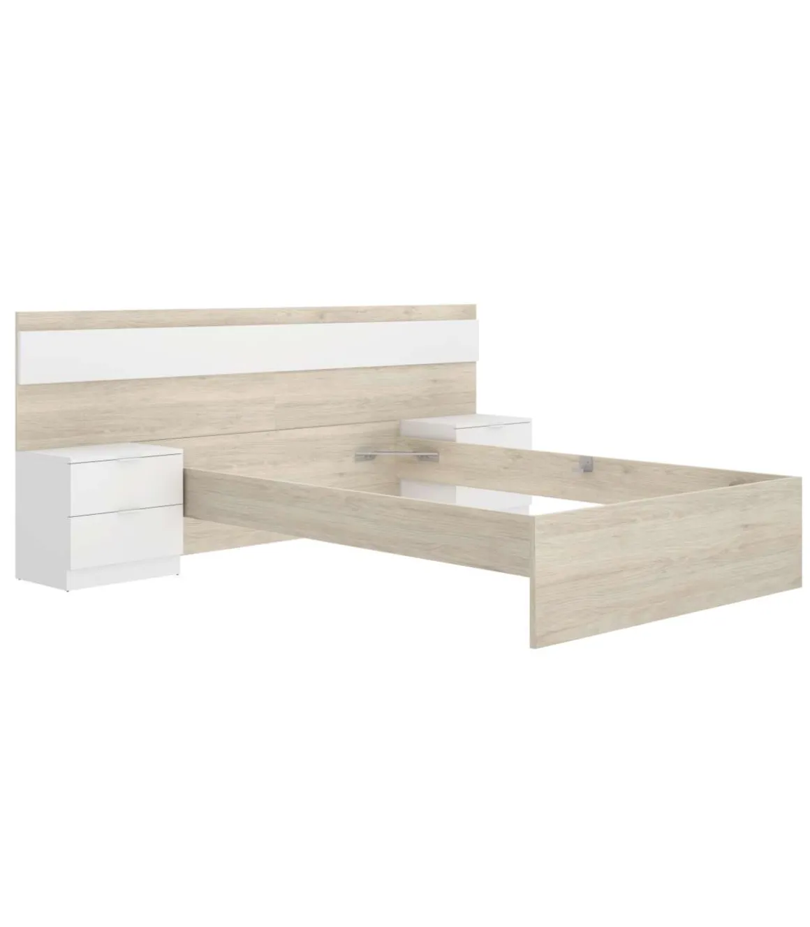 Conjunto cama, sinfonier y dos mesitas Lisa acabado natural/blanco.