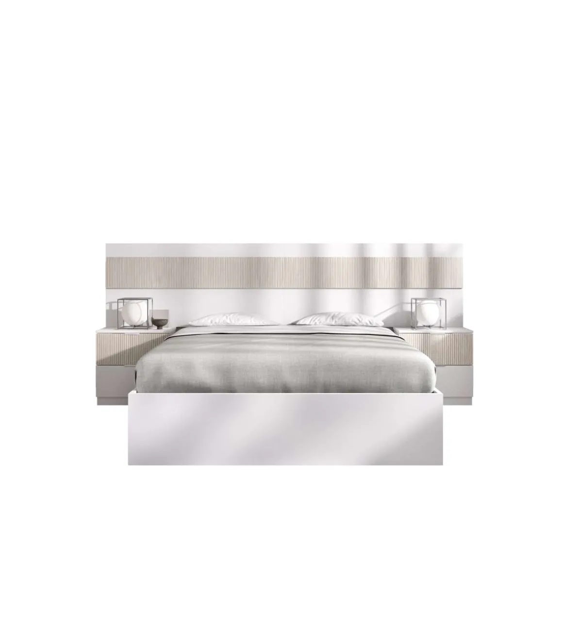 Conjunto cama y dos mesitas Borja acabado blanco/alistonado.