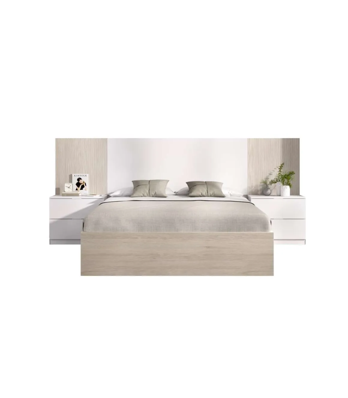 Conjunto cama y dos mesitas Lula acabado blanco/alistonado natural.