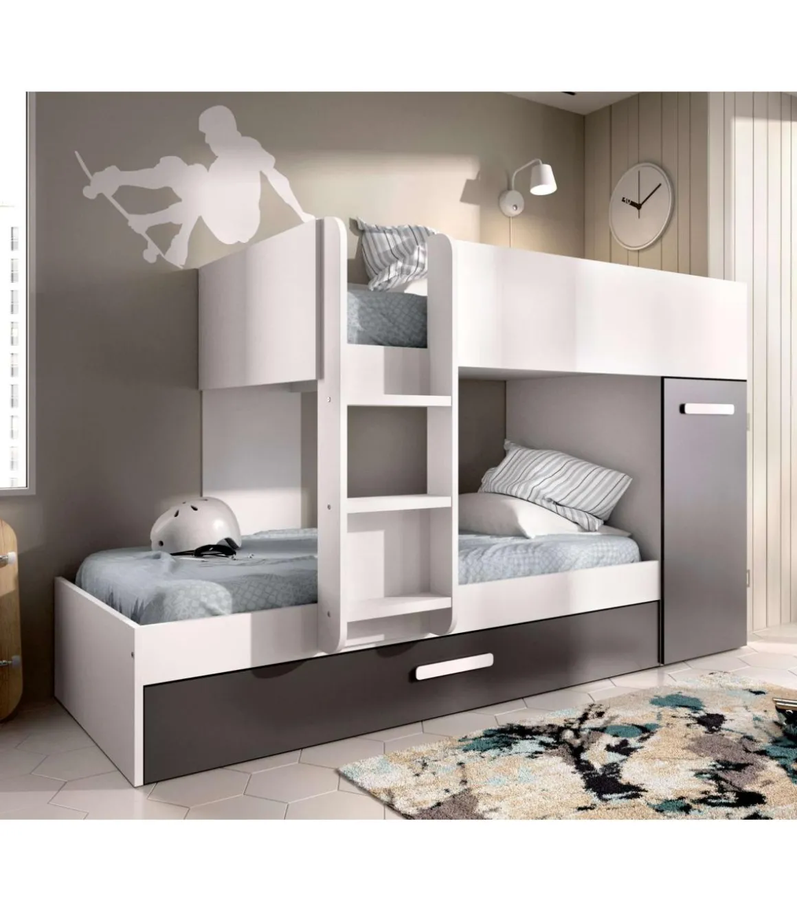 Conjunto de cama tren Orcera en blanco-grafito 150 cm(alto)243 cm(ancho)111 cm(largo)