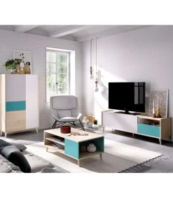 Conjunto de salón La Iruela 4 en acabado blanco, azul y madera natural