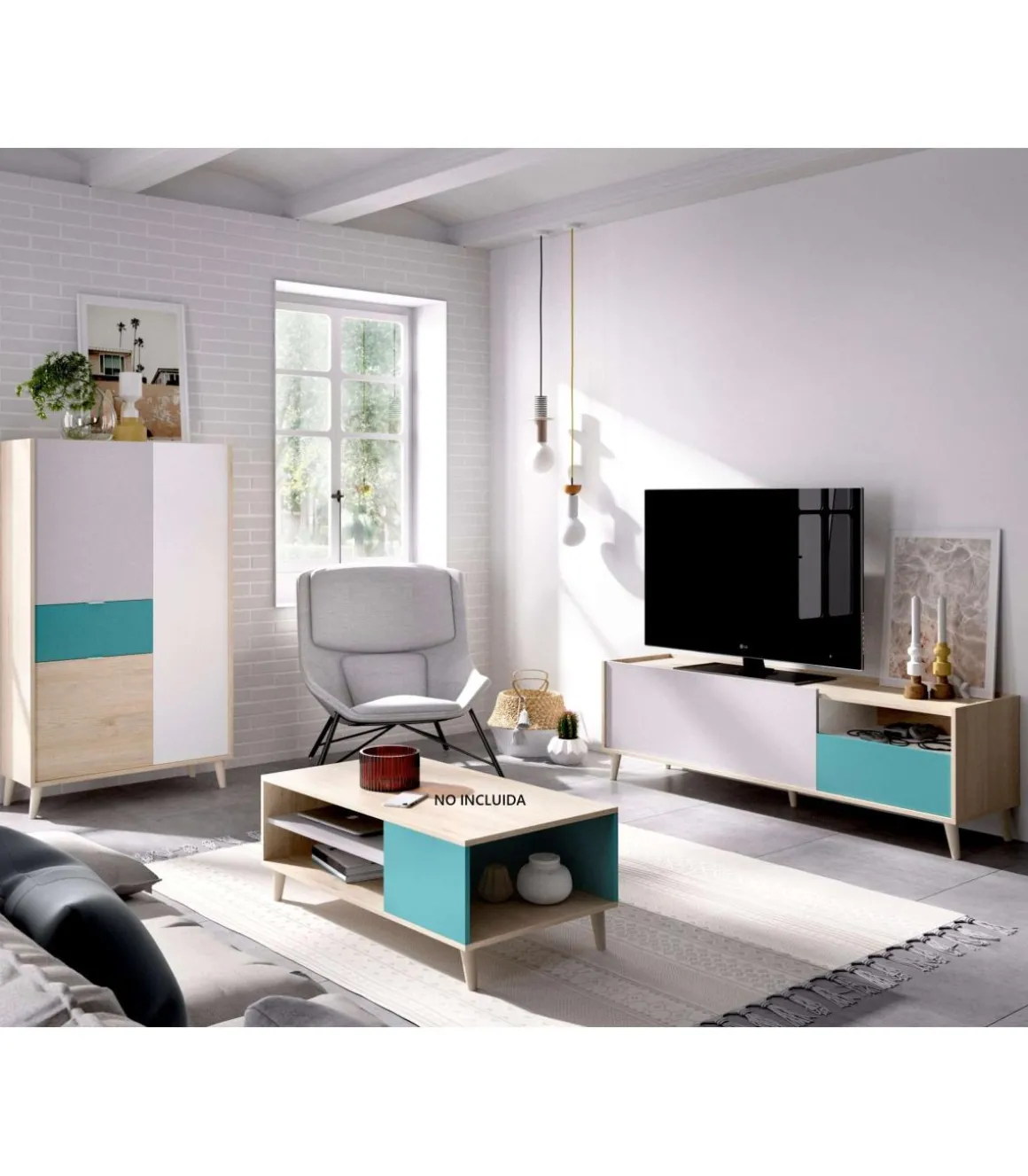 Conjunto de salón La Iruela 4 en acabado blanco, azul y madera natural