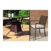Conjunto jardín mesa y 4 sillones con cojines Bahia en ratán sintético marrón.