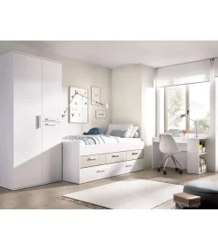 Conjunto juvenil cama compacta, escritorio y armario Tenor acabado blanco/alistonado.