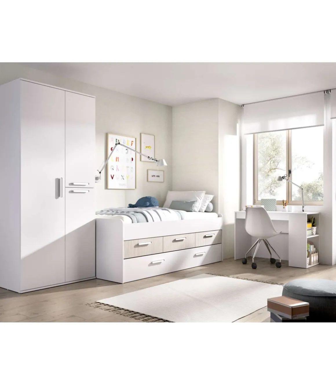 Conjunto juvenil cama compacta, escritorio y armario Tenor acabado blanco/alistonado.