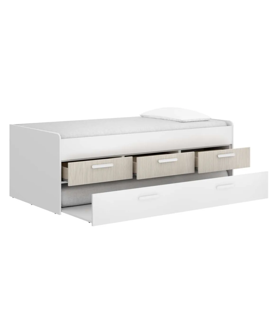 Conjunto juvenil cama compacta, escritorio y armario Tenor acabado blanco/alistonado.