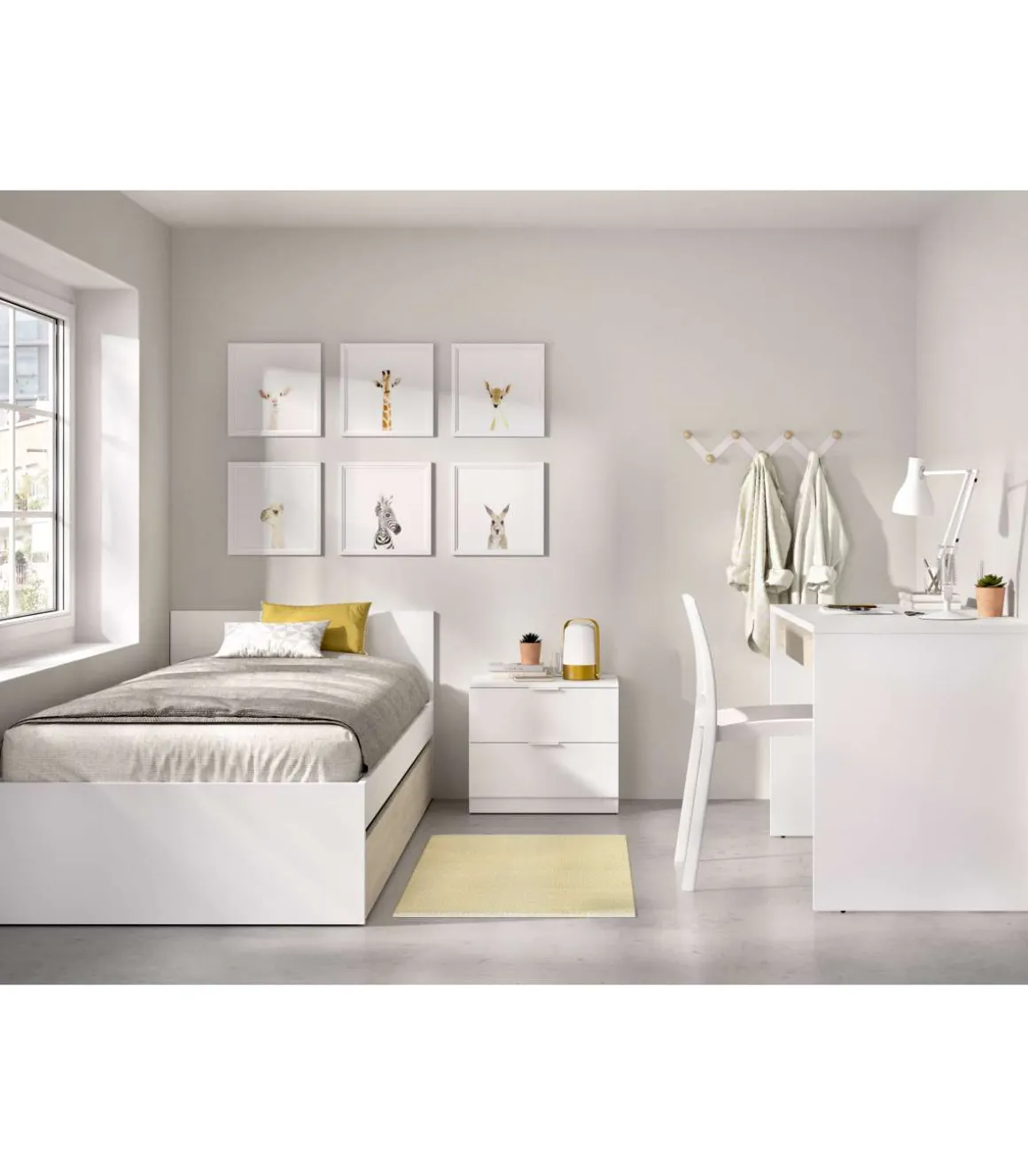 Conjunto juvenil cama con arrastre, mesita y escritorio Topo-4 acabado blanco/natural.