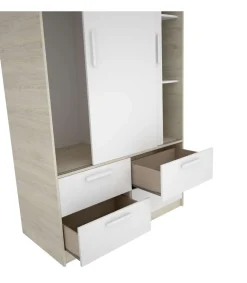 Conjunto juvenil cama con cajones y armario 2 puertas con cajones Topo-1 en acabado natural/blanco.