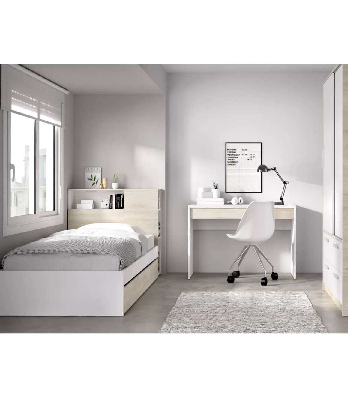 Conjunto juvenil cama de 90cm con 2 cajones, armario y escritorio Tamesis acabado natural/blanco.