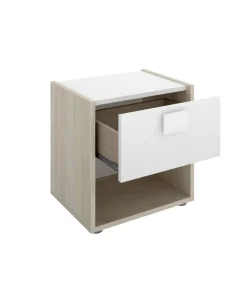 Conjunto juvenil cama de 90cm con cajones, mesita y armario vestidor Lena acabado natural-blanco.