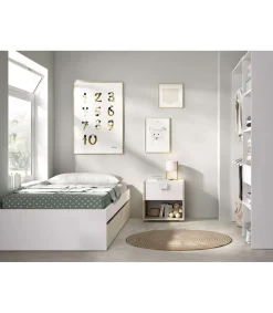 Conjunto juvenil cama de 90cm con cajones, mesita y armario vestidor Lena acabado blanco/natural.