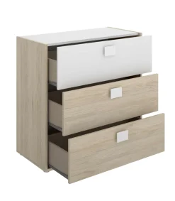 Conjunto juvenil cama de 90 cm, mesita y cómoda Duna-3 acabado natural/blanco.