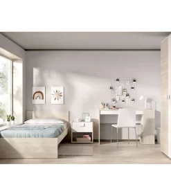 Conjunto juvenil cama de 90 cm, mesita y escritorio Topo-2 acabado natural/blanco.