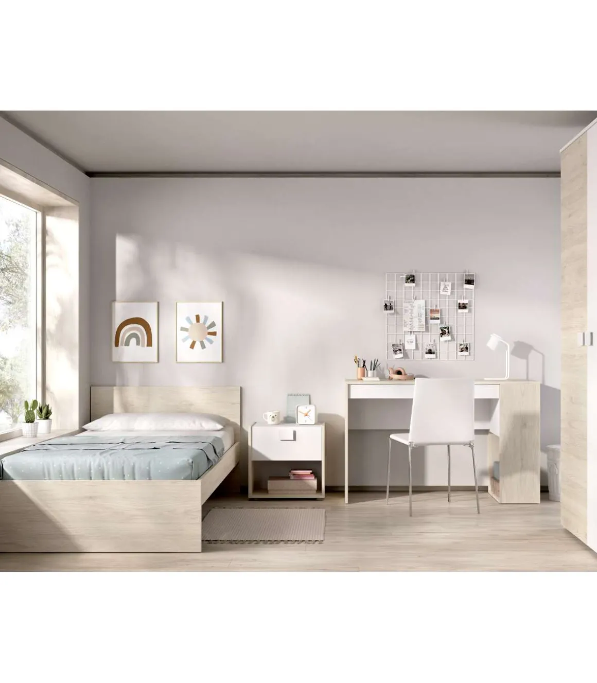 Conjunto juvenil cama de 90 cm, mesita y escritorio Topo-2 acabado natural/blanco.