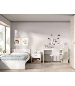 Conjunto juvenil cama de 90 cm, mesita y escritorio Topo-3 en acabado blanco/natural.