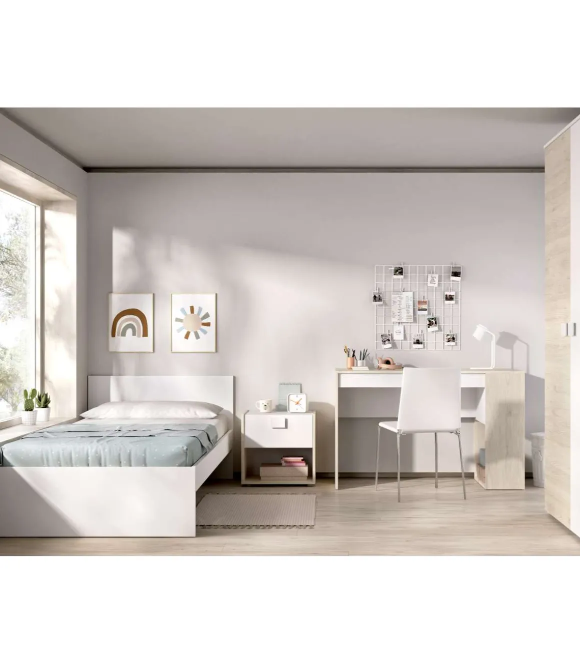 Conjunto juvenil cama de 90 cm, mesita y escritorio Topo-3 en acabado blanco/natural.