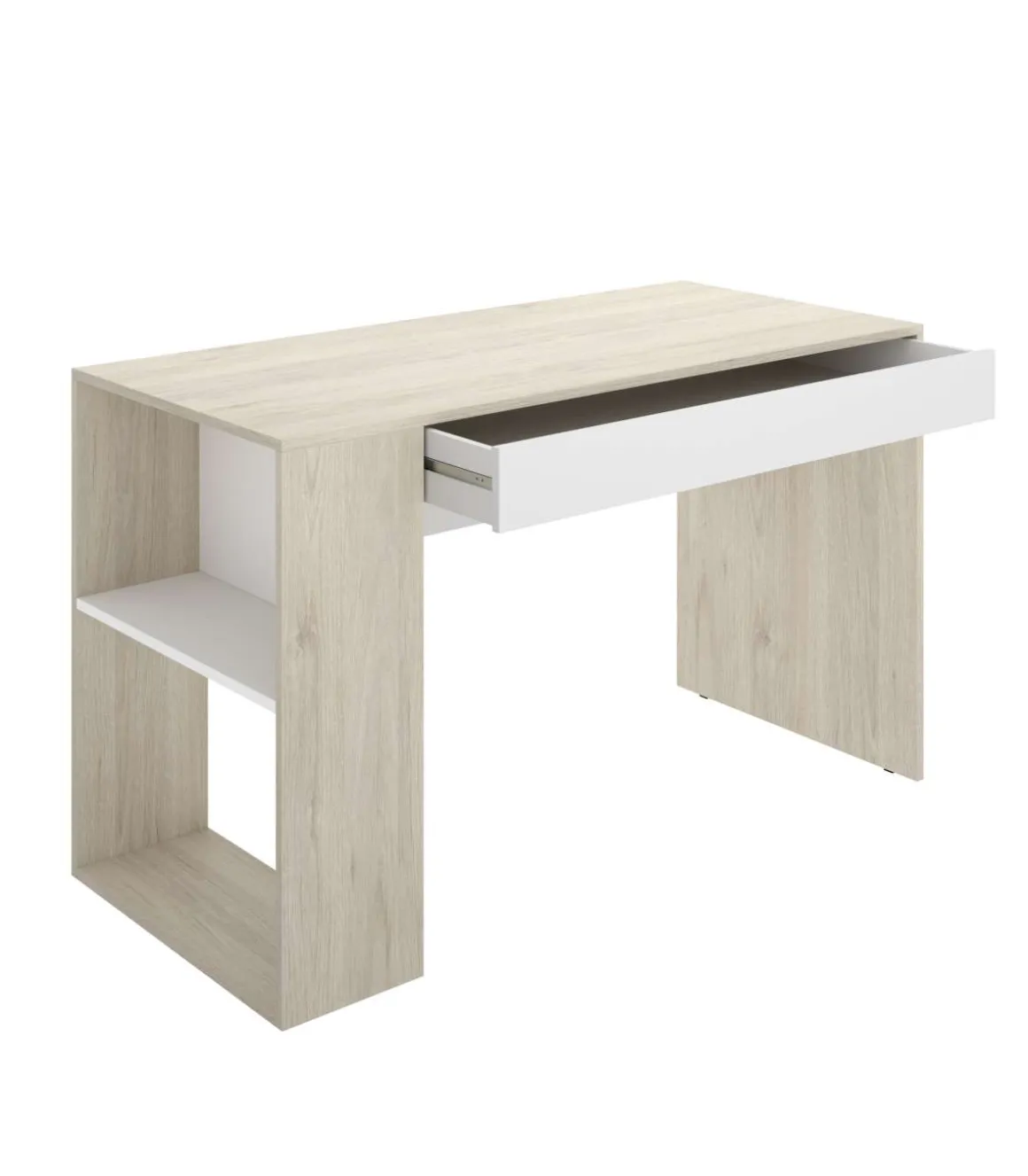 Conjunto juvenil cama de 90 cm, mesita y escritorio Topo-3 en acabado blanco/natural.