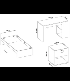 Conjunto juvenil cama de 90 cm, mesita y escritorio Topo-3 en acabado blanco/natural.
