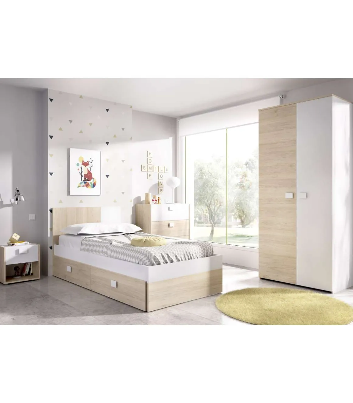 Conjunto juvenil cama de 90 con cajones, mesita, armario y cómoda Duna-4 acabado natural/blanco.