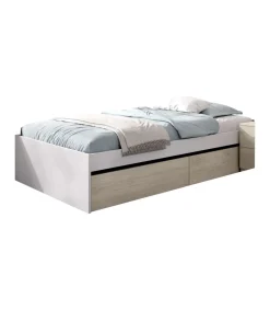 Conjunto juvenil cama de 90 con cajones y mesita Tito-3 acabado natural/blanco.