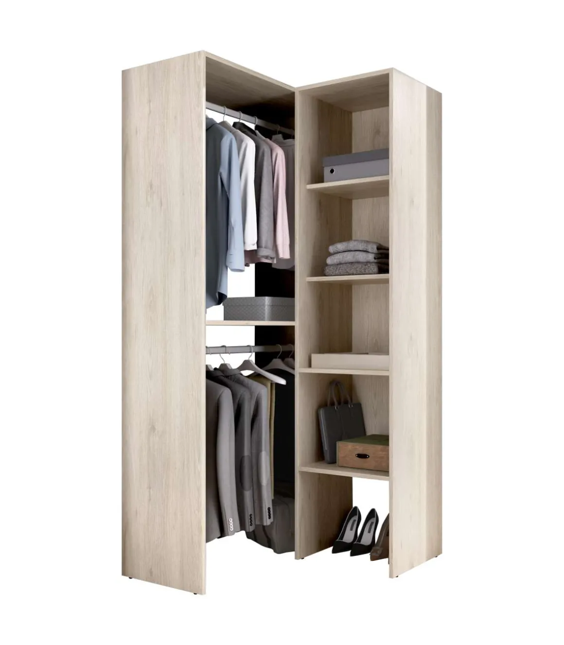 Conjunto juvenil cama, mesita, escritorio y armario vestidor Borja acabado alistonado natural/blanco.