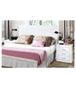 Conjunto matrimonio cabecero 150 cm + 2 mesitas en madera con acabado blanco