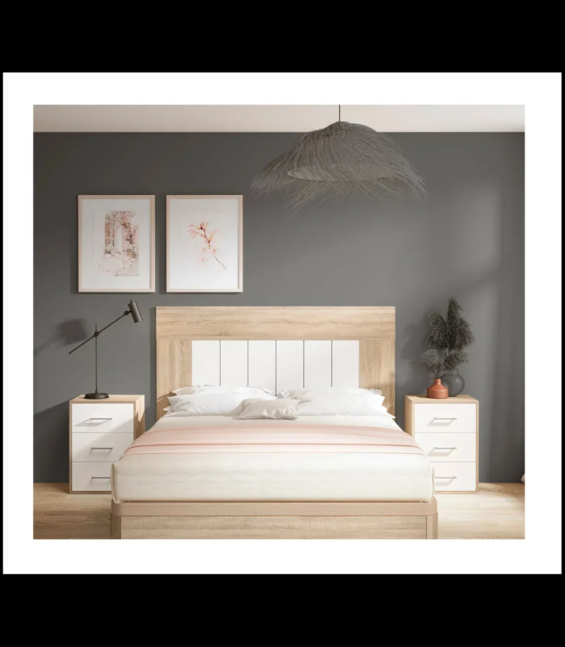 Conjunto matrimonio cabecero + 2 mesitas modelo Bazan acabado roble.
