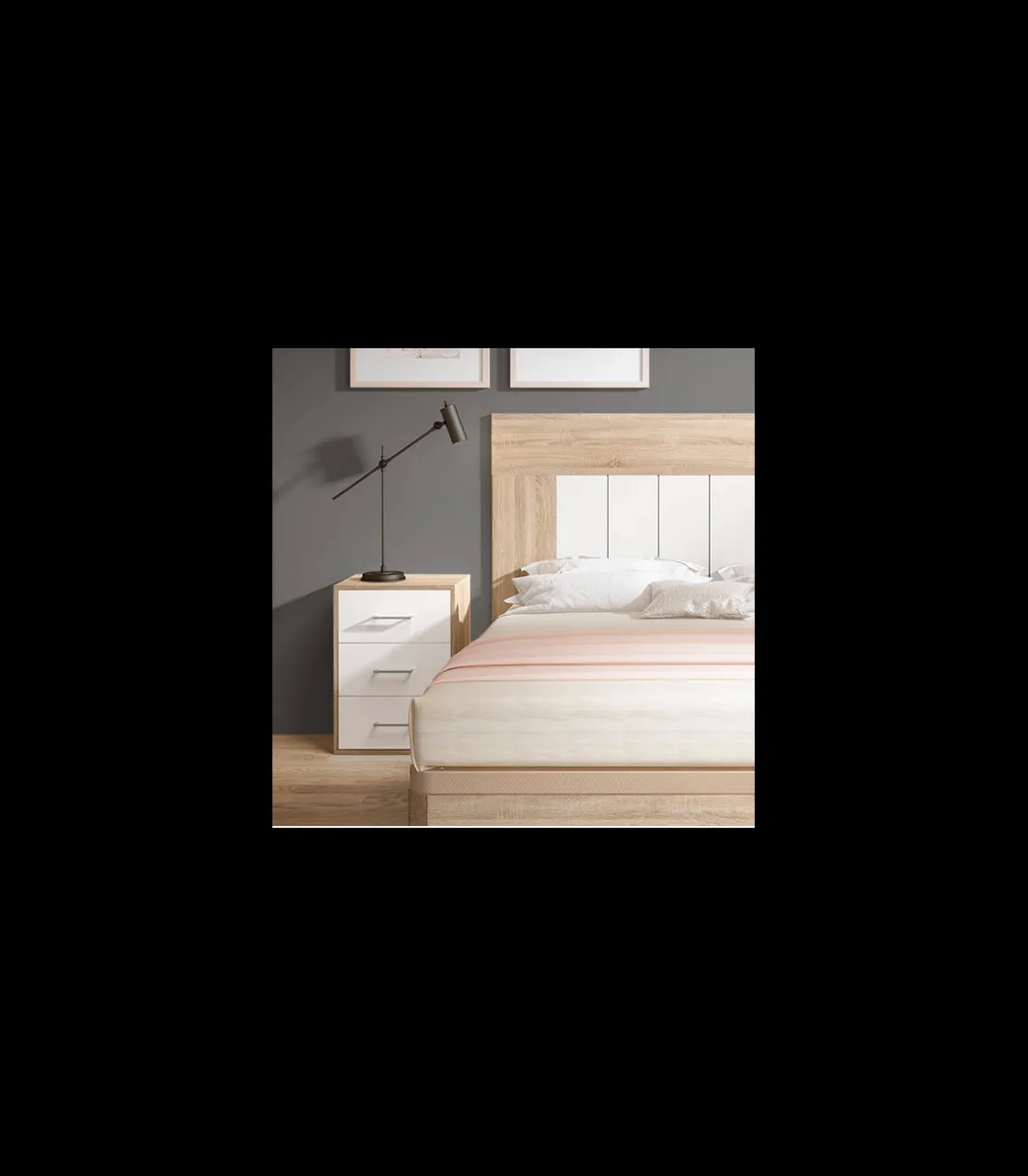 Conjunto matrimonio cabecero + 2 mesitas modelo Bazan acabado roble.