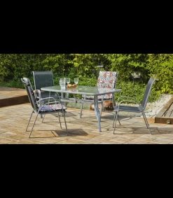 Conjunto mesa + 4 sillones acero Seul-150/4, en acabado color plata.