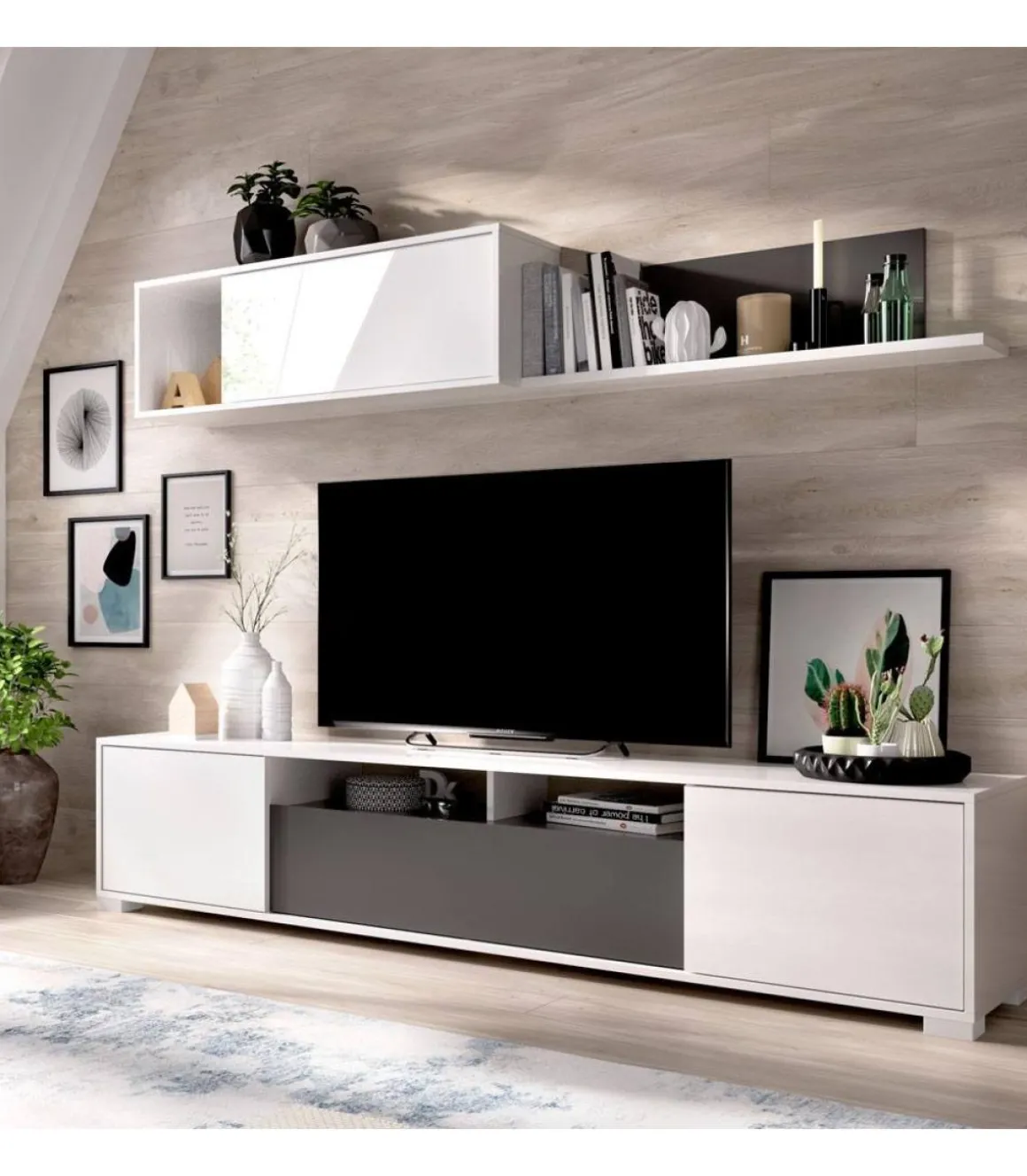 Conjunto mueble salon television Fuerte del Rey en blanco brillo y grafito 180 cm(alto)200 cm(ancho)41 cm(fondo)