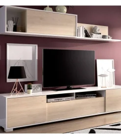 Conjunto mueble salon television Fuerte del Rey en blanco y natural 180 cm(alto)200 cm(ancho)41 cm(largo)