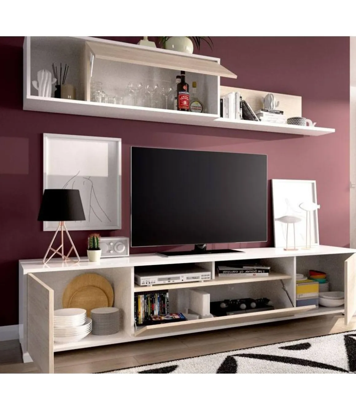 Conjunto mueble salon television Fuerte del Rey en blanco y natural 180 cm(alto)200 cm(ancho)41 cm(largo)