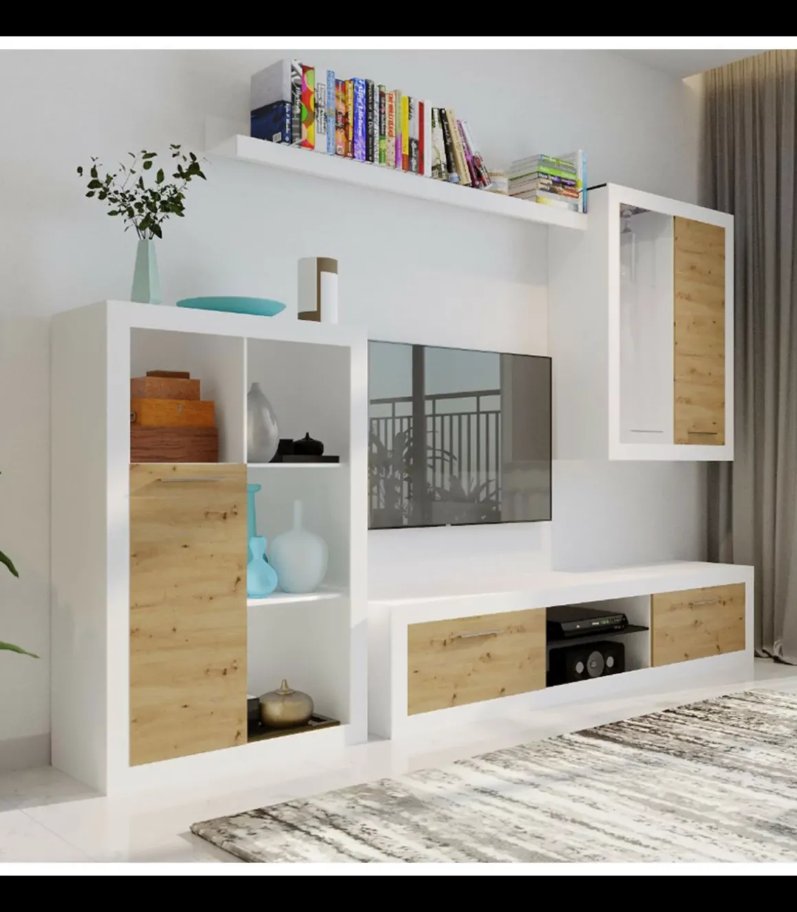 Conjunto salón Bellingham acabado blanco/roble, 200cm(alto ) 202cm(ancho) 40cm(largo)