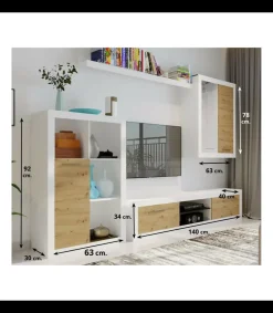 Conjunto salón Bellingham acabado blanco/roble, 200cm(alto ) 202cm(ancho) 40cm(largo)