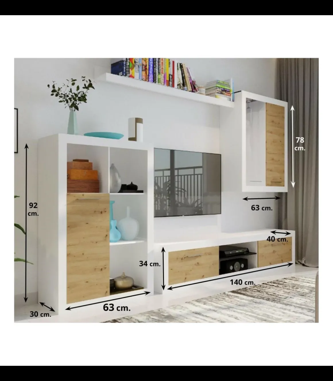 Conjunto salón Bellingham acabado blanco/roble, 200cm(alto ) 202cm(ancho) 40cm(largo)