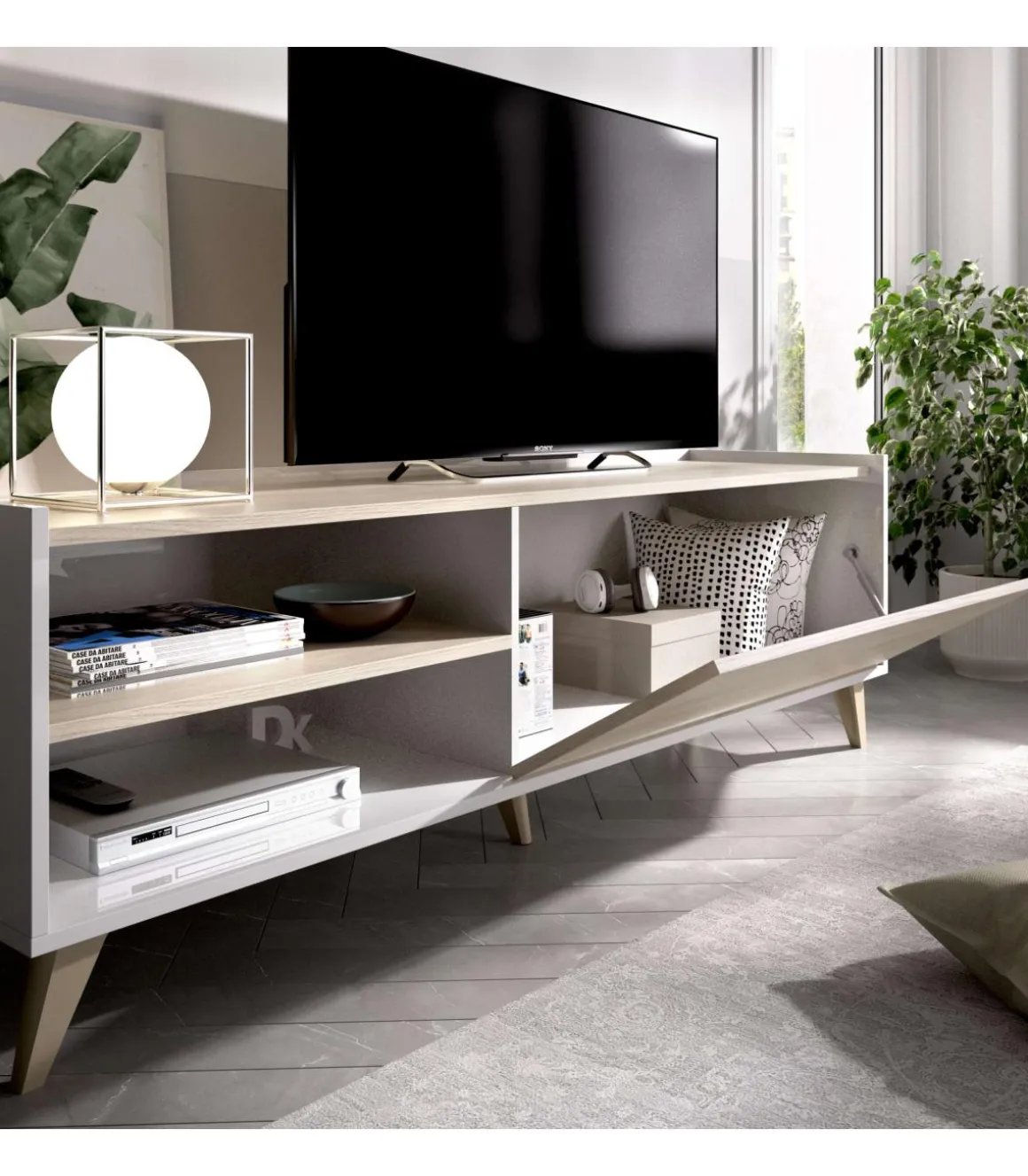 Conjunto salón Cazalilla-6: aparador, mueble TV y mesa centro acabado blanco/natural.