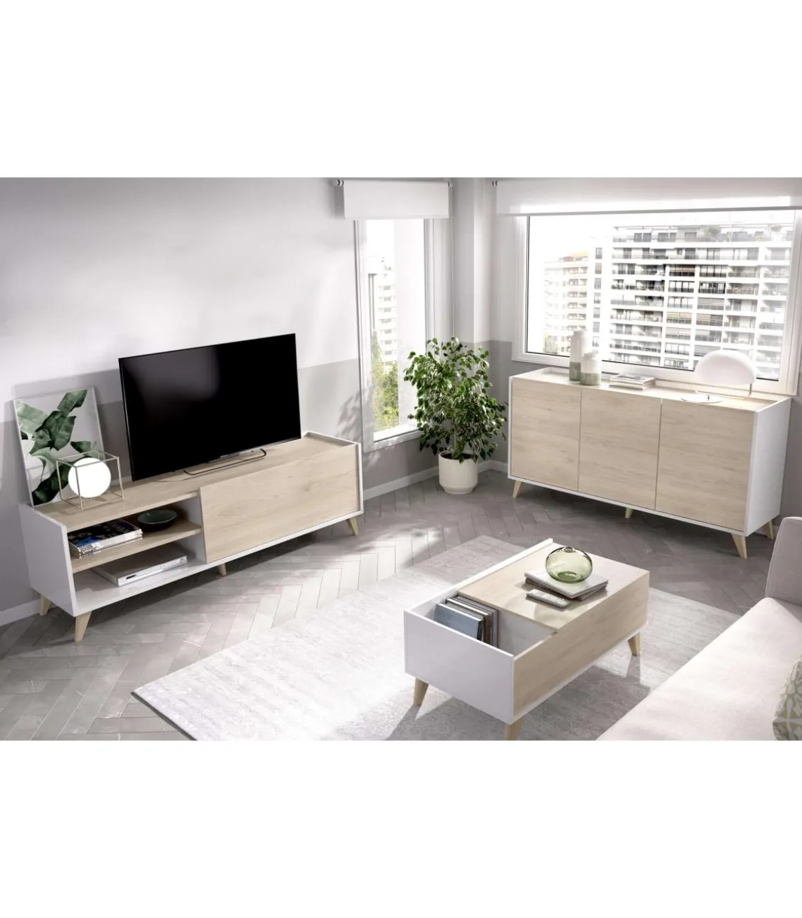 Conjunto salón Cazalilla-6: aparador, mueble TV y mesa centro acabado blanco/natural.