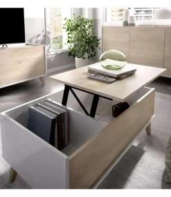 Conjunto salón Cazalilla-6: aparador, mueble TV y mesa centro acabado blanco/natural.